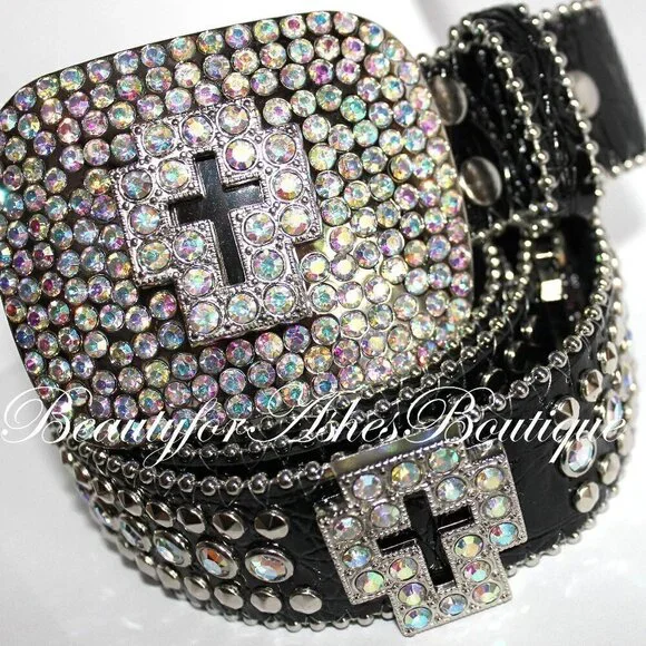Western Black Bling Cross Belt & Buckle Aurora Borealis AB Crystal Accent ML 50127 Rhinestone Belt Fashion Western Bling Crystal Genuine  main image 4
